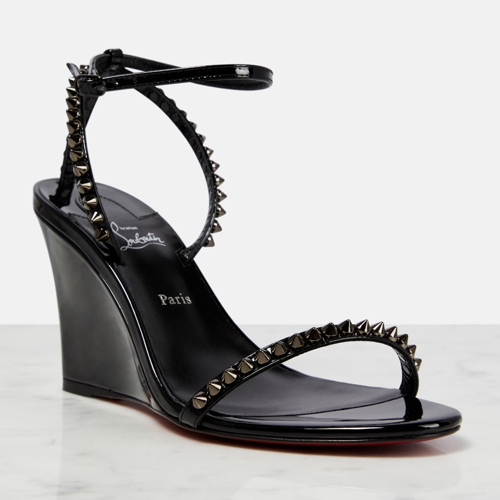 Christian Louboutin So Me 85 Black Leather Wedge Sandals Size 41 EU / 11 US NWOB